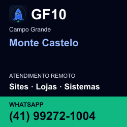 GF10 em Monte Castelo, Campo Grande: atendimento remoto. Sites, lojas, aplicações, idiomas, manutenção e SEO. WhatsApp (41) 99272-1004.