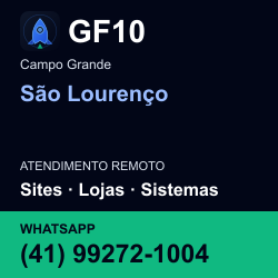 GF10 em São Lourenço, Campo Grande: atendimento remoto. Sites, lojas, aplicações, idiomas, manutenção e SEO. WhatsApp (41) 99272-1004.