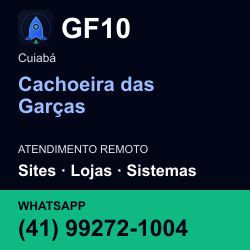 GF10 em Cachoeira das Garças, Cuiabá: atendimento remoto. Sites, lojas, aplicações, idiomas, manutenção e SEO. WhatsApp (41) 99272-1004.