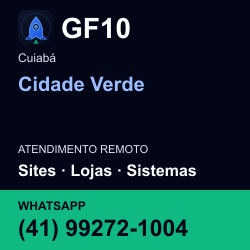 GF10 em Cidade Verde, Cuiabá: atendimento remoto. Sites, lojas, aplicações, idiomas, manutenção e SEO. WhatsApp (41) 99272-1004.