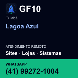 GF10 em Lagoa Azul, Cuiabá: atendimento remoto. Sites, lojas, aplicações, idiomas, manutenção e SEO. WhatsApp (41) 99272-1004.