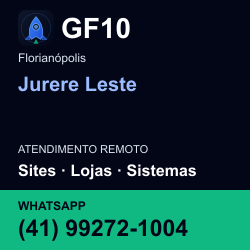 GF10 em Jurere Leste, Florianópolis: atendimento remoto. Sites, lojas, aplicações, idiomas, manutenção e SEO. WhatsApp (41) 99272-1004.