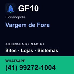 GF10 em Vargem de Fora, Florianópolis: atendimento remoto. Sites, lojas, aplicações, idiomas, manutenção e SEO. WhatsApp (41) 99272-1004.