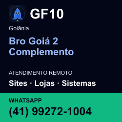 GF10 em Bro Goiá 2 Complemento, Goiânia: atendimento remoto. Sites, lojas, aplicações, idiomas, manutenção e SEO. WhatsApp (41) 99272-1004.