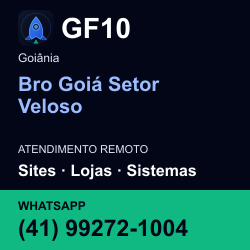GF10 em Bro Goiá Setor Veloso, Goiânia: atendimento remoto. Sites, lojas, aplicações, idiomas, manutenção e SEO. WhatsApp (41) 99272-1004.