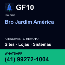 GF10 em Bro Jardim América, Goiânia: atendimento remoto. Sites, lojas, aplicações, idiomas, manutenção e SEO. WhatsApp (41) 99272-1004.