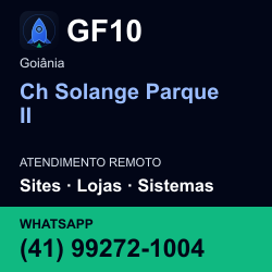 GF10 em Ch Solange Parque II, Goiânia: atendimento remoto. Sites, lojas, aplicações, idiomas, manutenção e SEO. WhatsApp (41) 99272-1004.