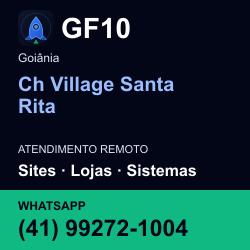 GF10 em Ch Village Santa Rita, Goiânia: atendimento remoto. Sites, lojas, aplicações, idiomas, manutenção e SEO. WhatsApp (41) 99272-1004.