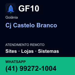 GF10 em Cj Castelo Branco, Goiânia: atendimento remoto. Sites, lojas, aplicações, idiomas, manutenção e SEO. WhatsApp (41) 99272-1004.