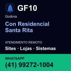 GF10 em Con Residencial Santa Rita, Goiânia: atendimento remoto. Sites, lojas, aplicações, idiomas, manutenção e SEO. WhatsApp (41) 99272-1004.