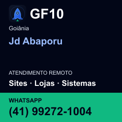 GF10 em Jd Abaporu, Goiânia: atendimento remoto. Sites, lojas, aplicações, idiomas, manutenção e SEO. WhatsApp (41) 99272-1004.