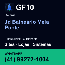 GF10 em Jd Balneário Meia Ponte, Goiânia: atendimento remoto. Sites, lojas, aplicações, idiomas, manutenção e SEO. WhatsApp (41) 99272-1004.