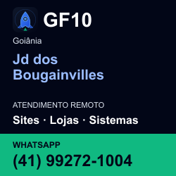 GF10 em Jd dos Bougainvilles, Goiânia: atendimento remoto. Sites, lojas, aplicações, idiomas, manutenção e SEO. WhatsApp (41) 99272-1004.