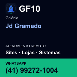 GF10 em Jd Gramado, Goiânia: atendimento remoto. Sites, lojas, aplicações, idiomas, manutenção e SEO. WhatsApp (41) 99272-1004.