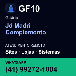 GF10 em Jd Madri Complemento, Goiânia: atendimento remoto. Sites, lojas, aplicações, idiomas, manutenção e SEO. WhatsApp (41) 99272-1004.