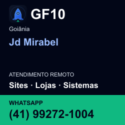 GF10 em Jd Mirabel, Goiânia: atendimento remoto. Sites, lojas, aplicações, idiomas, manutenção e SEO. WhatsApp (41) 99272-1004.