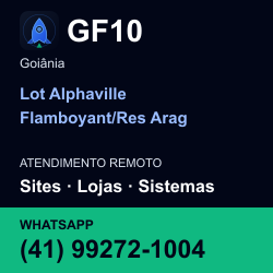 GF10 em Lot Alphaville Flamboyant/Res Arag, Goiânia: atendimento remoto. Sites, lojas, aplicações, idiomas, manutenção e SEO. WhatsApp (41) 99272-1004.