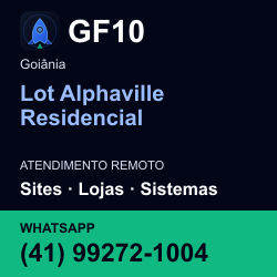 GF10 em Lot Alphaville Residencial, Goiânia: atendimento remoto. Sites, lojas, aplicações, idiomas, manutenção e SEO. WhatsApp (41) 99272-1004.