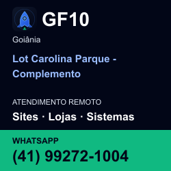 GF10 em Lot Carolina Parque - Complemento, Goiânia: atendimento remoto. Sites, lojas, aplicações, idiomas, manutenção e SEO. WhatsApp (41) 99272-1004.