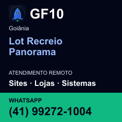 GF10 em Lot Recreio Panorama, Goiânia: atendimento remoto. Sites, lojas, aplicações, idiomas, manutenção e SEO. WhatsApp (41) 99272-1004.