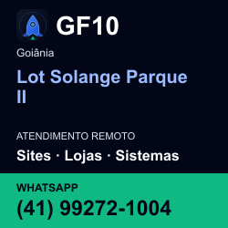 GF10 em Lot Solange Parque II, Goiânia: atendimento remoto. Sites, lojas, aplicações, idiomas, manutenção e SEO. WhatsApp (41) 99272-1004.