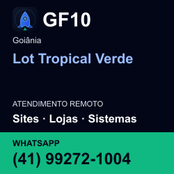 GF10 em Lot Tropical Verde, Goiânia: atendimento remoto. Sites, lojas, aplicações, idiomas, manutenção e SEO. WhatsApp (41) 99272-1004.
