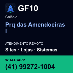 GF10 em Prq das Amendoeiras I, Goiânia: atendimento remoto. Sites, lojas, aplicações, idiomas, manutenção e SEO. WhatsApp (41) 99272-1004.