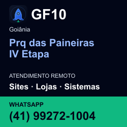 GF10 em Prq das Paineiras IV Etapa, Goiânia: atendimento remoto. Sites, lojas, aplicações, idiomas, manutenção e SEO. WhatsApp (41) 99272-1004.