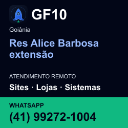 GF10 em Res Alice Barbosa extensão, Goiânia: atendimento remoto. Sites, lojas, aplicações, idiomas, manutenção e SEO. WhatsApp (41) 99272-1004.
