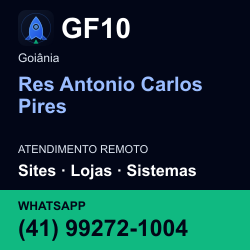 GF10 em Res Antonio Carlos Pires, Goiânia: atendimento remoto. Sites, lojas, aplicações, idiomas, manutenção e SEO. WhatsApp (41) 99272-1004.