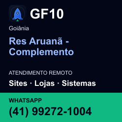 GF10 em Res Aruanã - Complemento, Goiânia: atendimento remoto. Sites, lojas, aplicações, idiomas, manutenção e SEO. WhatsApp (41) 99272-1004.