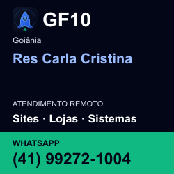 GF10 em Res Carla Cristina, Goiânia: atendimento remoto. Sites, lojas, aplicações, idiomas, manutenção e SEO. WhatsApp (41) 99272-1004.
