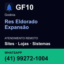 GF10 em Res Eldorado Expansão, Goiânia: atendimento remoto. Sites, lojas, aplicações, idiomas, manutenção e SEO. WhatsApp (41) 99272-1004.