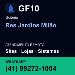 GF10 em Res Jardins Milão, Goiânia: atendimento remoto. Sites, lojas, aplicações, idiomas, manutenção e SEO. WhatsApp (41) 99272-1004.