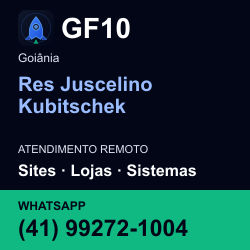 GF10 em Res Juscelino Kubitschek, Goiânia: atendimento remoto. Sites, lojas, aplicações, idiomas, manutenção e SEO. WhatsApp (41) 99272-1004.