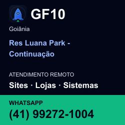 GF10 em Res Luana Park - Continuação, Goiânia: atendimento remoto. Sites, lojas, aplicações, idiomas, manutenção e SEO. WhatsApp (41) 99272-1004.