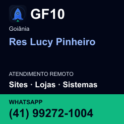 GF10 em Res Lucy Pinheiro, Goiânia: atendimento remoto. Sites, lojas, aplicações, idiomas, manutenção e SEO. WhatsApp (41) 99272-1004.