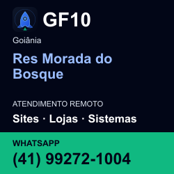 GF10 em Res Morada do Bosque, Goiânia: atendimento remoto. Sites, lojas, aplicações, idiomas, manutenção e SEO. WhatsApp (41) 99272-1004.