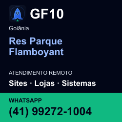 GF10 em Res Parque Flamboyant, Goiânia: atendimento remoto. Sites, lojas, aplicações, idiomas, manutenção e SEO. WhatsApp (41) 99272-1004.