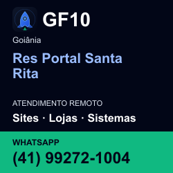GF10 em Res Portal Santa Rita, Goiânia: atendimento remoto. Sites, lojas, aplicações, idiomas, manutenção e SEO. WhatsApp (41) 99272-1004.