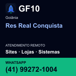 GF10 em Res Real Conquista, Goiânia: atendimento remoto. Sites, lojas, aplicações, idiomas, manutenção e SEO. WhatsApp (41) 99272-1004.