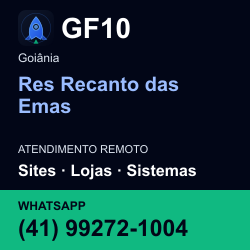 GF10 em Res Recanto das Emas, Goiânia: atendimento remoto. Sites, lojas, aplicações, idiomas, manutenção e SEO. WhatsApp (41) 99272-1004.