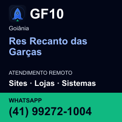 GF10 em Res Recanto das Garças, Goiânia: atendimento remoto. Sites, lojas, aplicações, idiomas, manutenção e SEO. WhatsApp (41) 99272-1004.