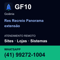 GF10 em Res Recreio Panorama extensão, Goiânia: atendimento remoto. Sites, lojas, aplicações, idiomas, manutenção e SEO. WhatsApp (41) 99272-1004.