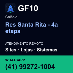 GF10 em Res Santa Rita - 4a etapa, Goiânia: atendimento remoto. Sites, lojas, aplicações, idiomas, manutenção e SEO. WhatsApp (41) 99272-1004.