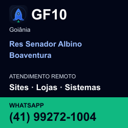 GF10 em Res Senador Albino Boaventura, Goiânia: atendimento remoto. Sites, lojas, aplicações, idiomas, manutenção e SEO. WhatsApp (41) 99272-1004.