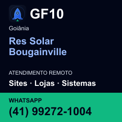 GF10 em Res Solar Bougainville, Goiânia: atendimento remoto. Sites, lojas, aplicações, idiomas, manutenção e SEO. WhatsApp (41) 99272-1004.