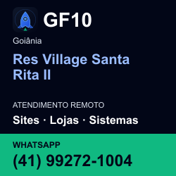 GF10 em Res Village Santa Rita II, Goiânia: atendimento remoto. Sites, lojas, aplicações, idiomas, manutenção e SEO. WhatsApp (41) 99272-1004.