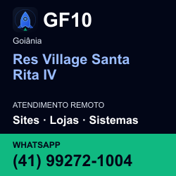 GF10 em Res Village Santa Rita IV, Goiânia: atendimento remoto. Sites, lojas, aplicações, idiomas, manutenção e SEO. WhatsApp (41) 99272-1004.