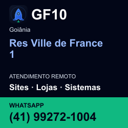 GF10 em Res Ville de France 1, Goiânia: atendimento remoto. Sites, lojas, aplicações, idiomas, manutenção e SEO. WhatsApp (41) 99272-1004.